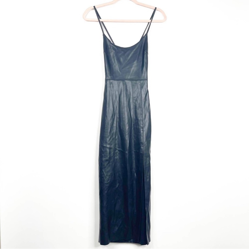 ZARA Faux Leather Slip Dress XS Black High Slit Crisscross Spaghetti Strap #6233